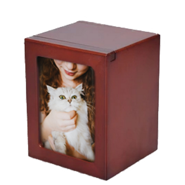 A wooden box with a glass front displaying a photo of a woman holding a white cat.