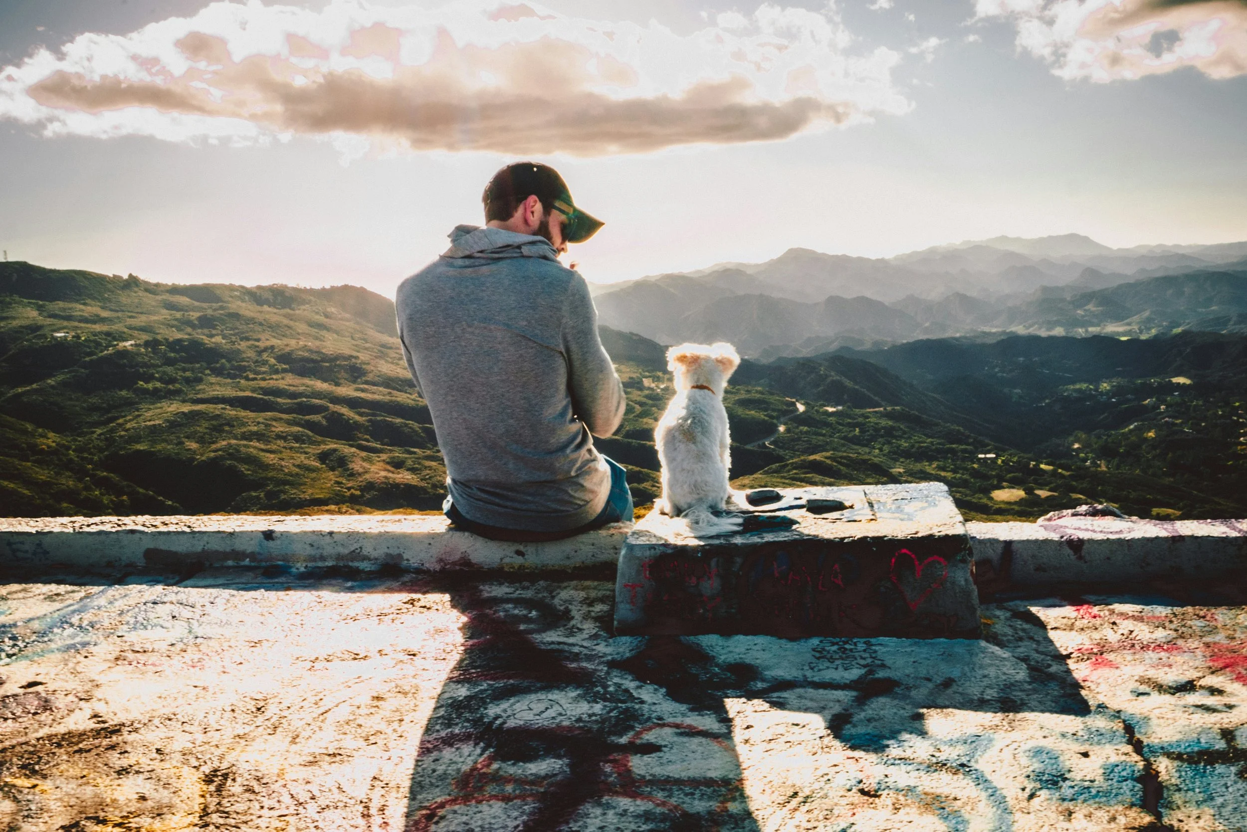 A young man in a hoodie and cap sitting on a concrete ledge with a white dog, overlooking a mountain landscape at sunset.