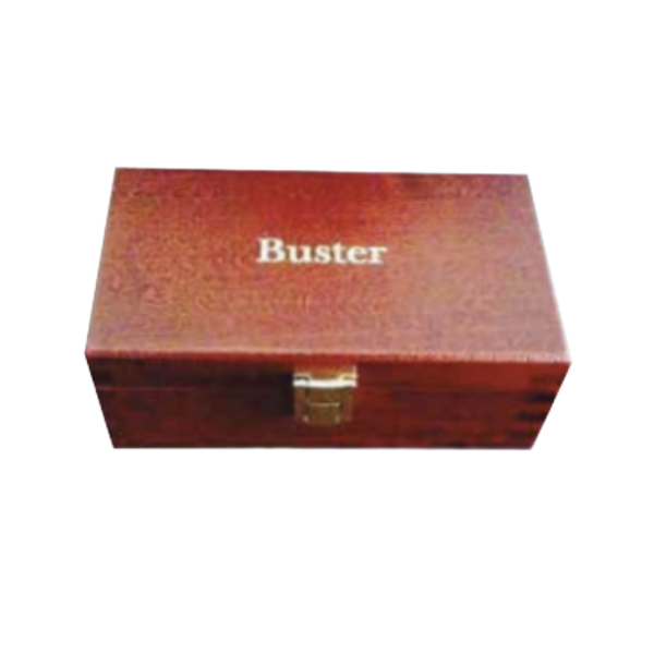 A closed wooden box with the name 'Buster' printed on the top in white font.