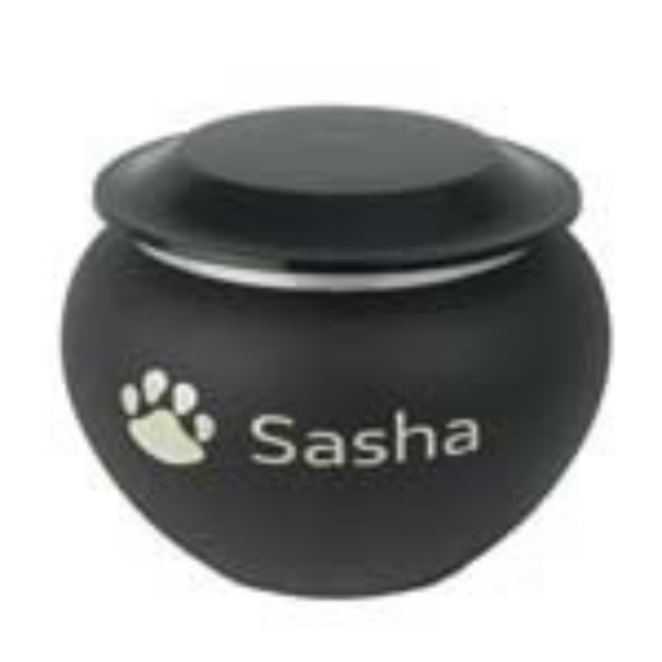 Black pet memorial urn with a paw print and the name Sasha on it.