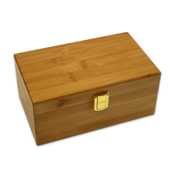 A rectangular wooden jewelry box with a gold latch on the front.