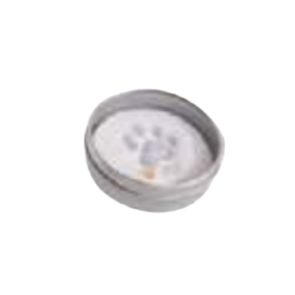 A closed silver tin containing a coin, viewed from above.
