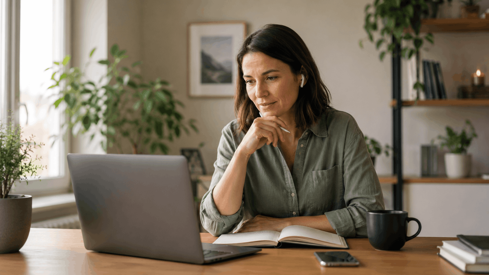 Eine Frau sitzt vor ihrem Laptop und nimmt an einem 1:1 Coaching zum Thema mentale Gesundheit, Selbstführung und Klarheit teil