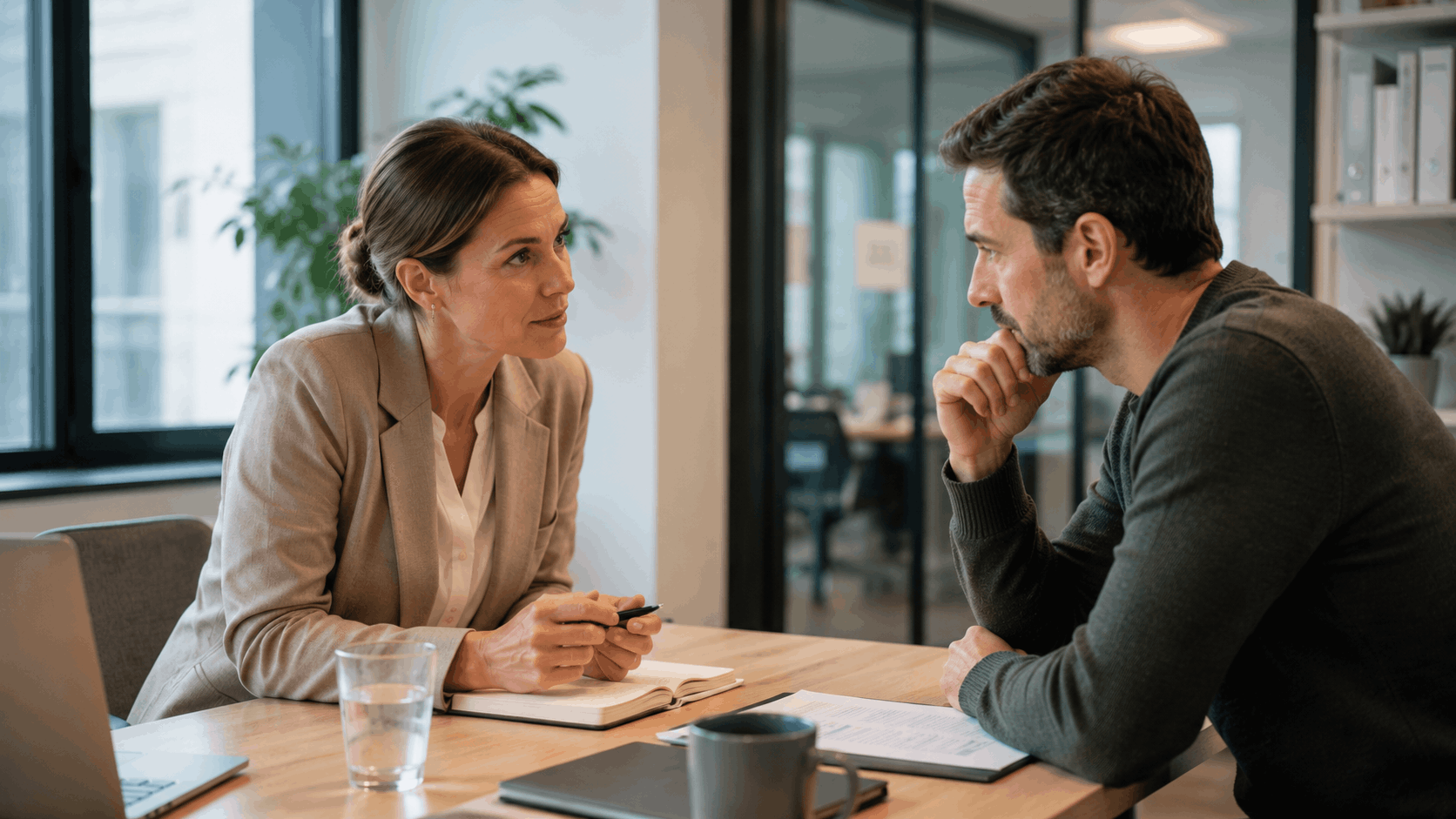 Eine Frau und ein Mann sitzten sich gegenüber an einem Tisch und besprechen Themen bezüglich HR, Recruiting,  HR-Projekten, HR auslagern. 