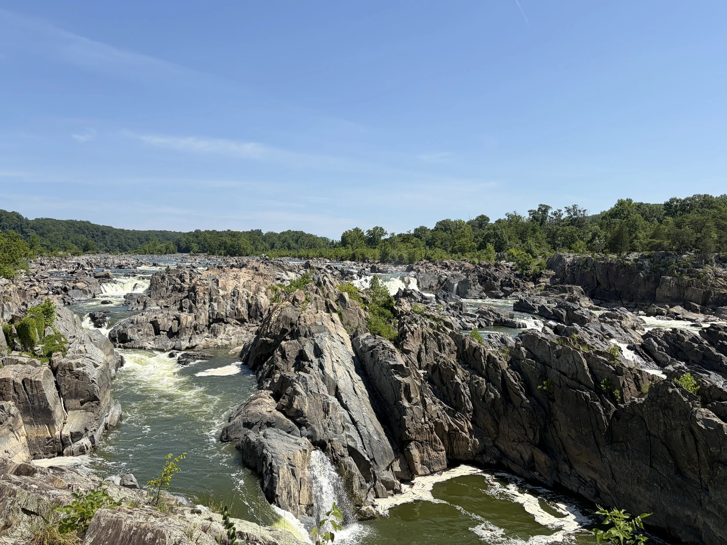 View of a river flowing through rocky terrain bordered by lush green trees under a clear blue sky at Great Falls National Park.