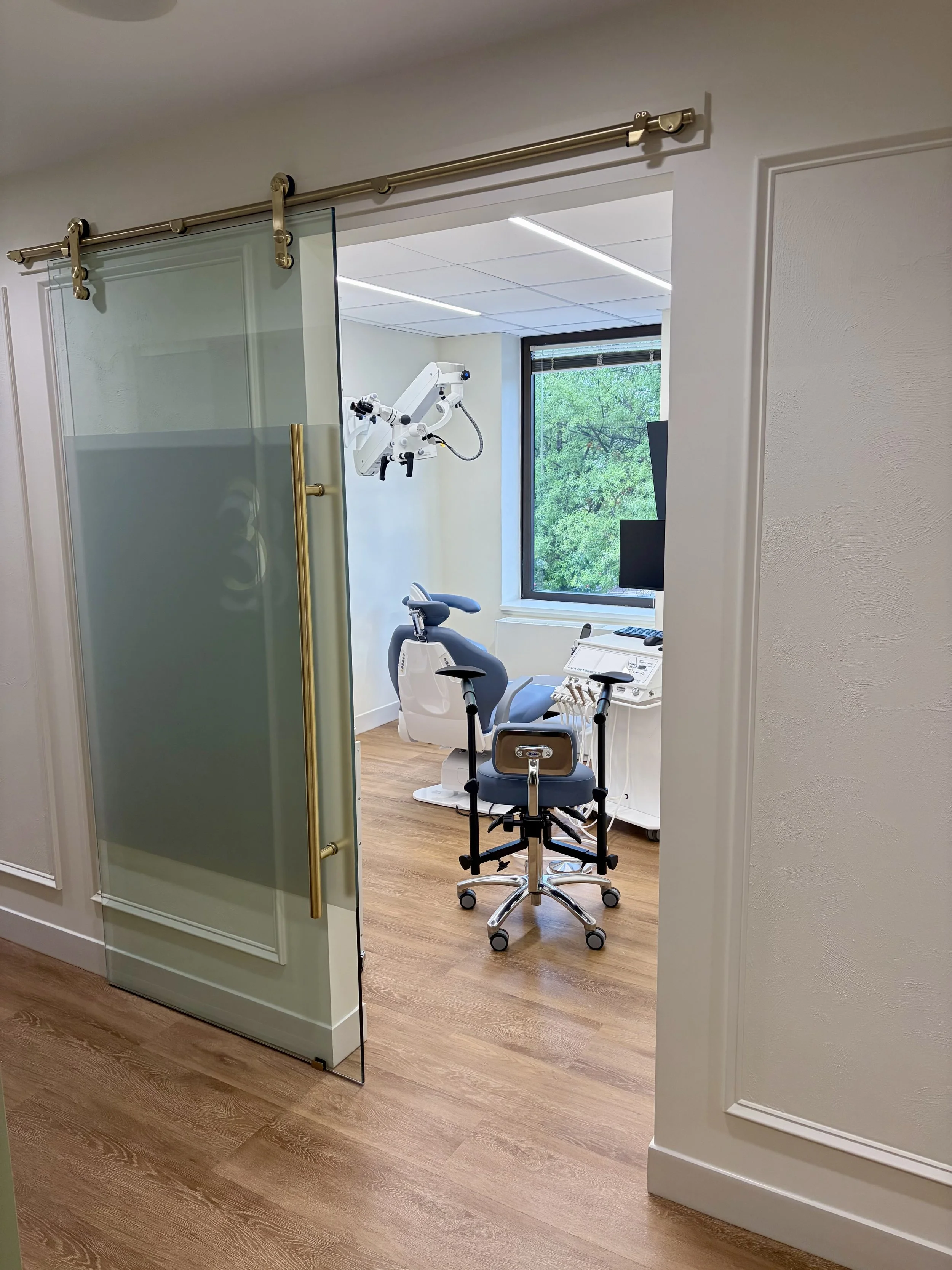 A modern dental office with a dental chair, a monitor, and dental equipment near a large window with greenery outside.