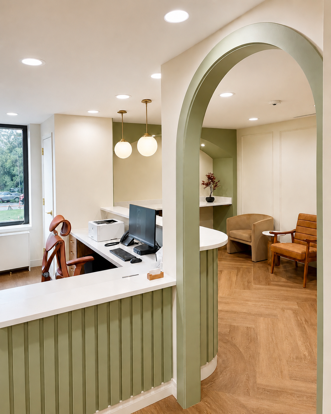 Reception area with desk, computer, printer, and seating area with armchairs and a small table, decorated with a potted plant, in a modern space with wood flooring and green and beige walls.
