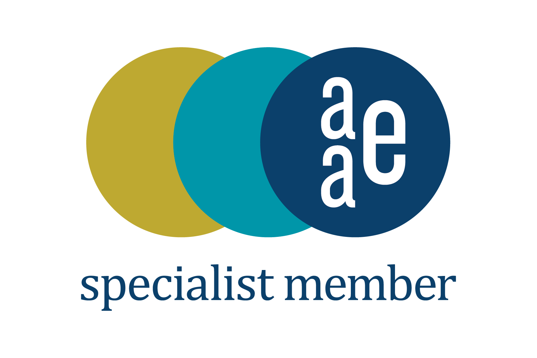 Logo for American Association of Endodontists featuring three overlapping circles colored olive green, teal, and navy blue, with the word 'adē' in white on the navy blue circle and the text 'specialist membership' below in navy blue.