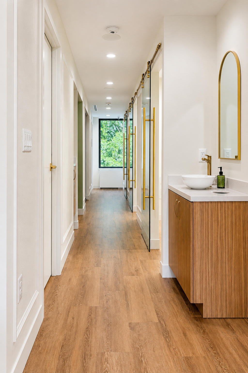 Modern hallway with wooden floors, white walls, and gold accents, leading to a room with a large window showing green trees outside. On the right, there is a small sink with a white vessel basin, gold faucet, and mirror with gold frame above.