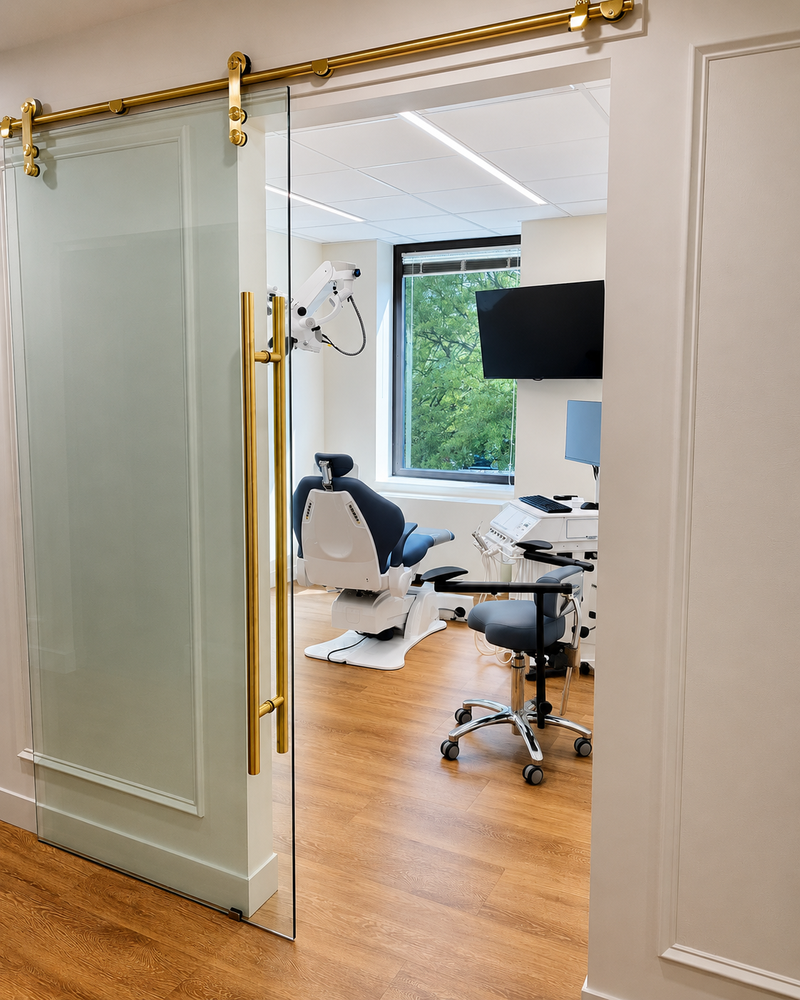 A modern dental office with a dental chair, a monitor, and dental equipment near a large window with greenery outside.
