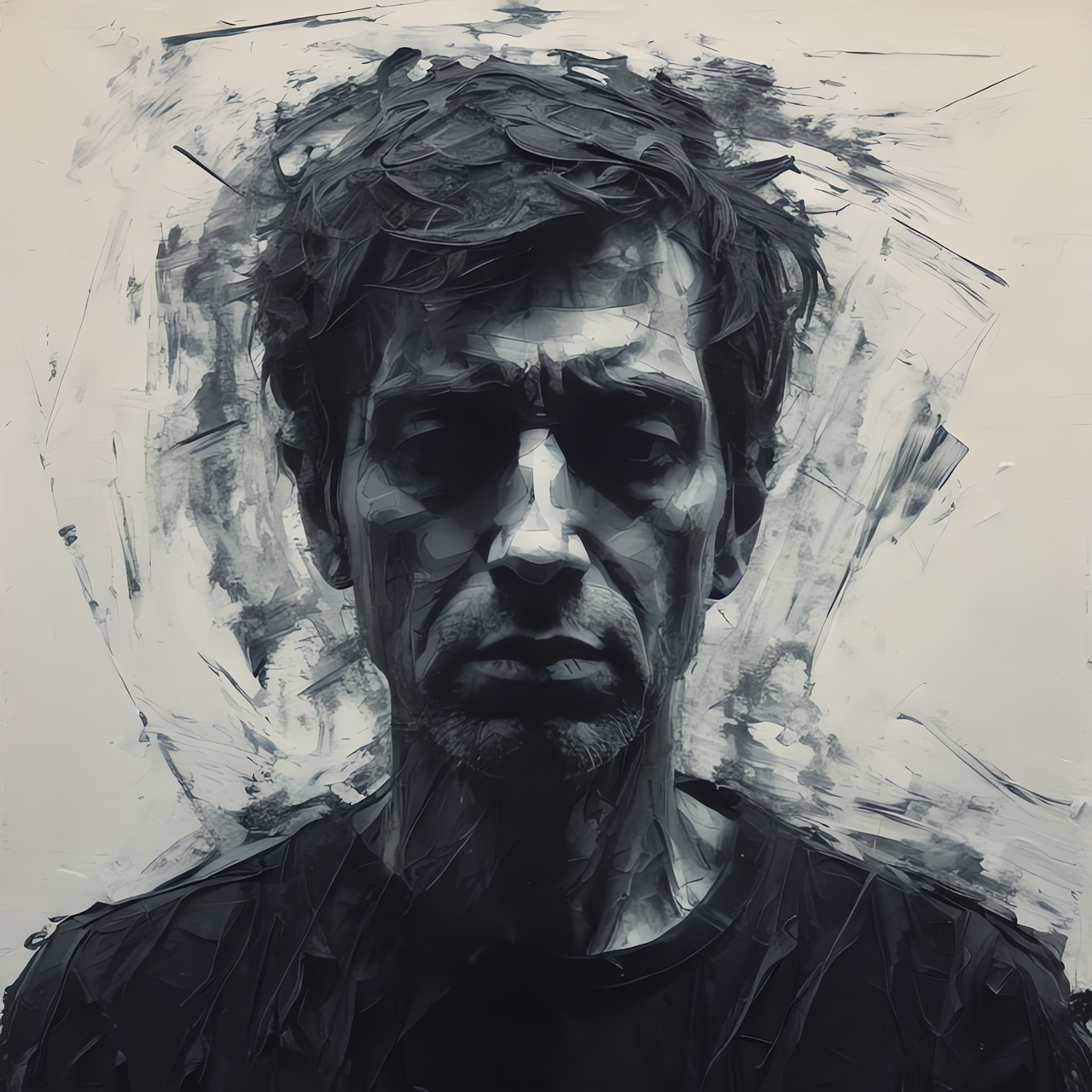 Black and white abstract portrait of a man with glasses and messy hair.