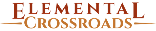 Text showing 'ELEMENTAL CROSSROADS' in red and brown colors with a decorative underscore on a black background.