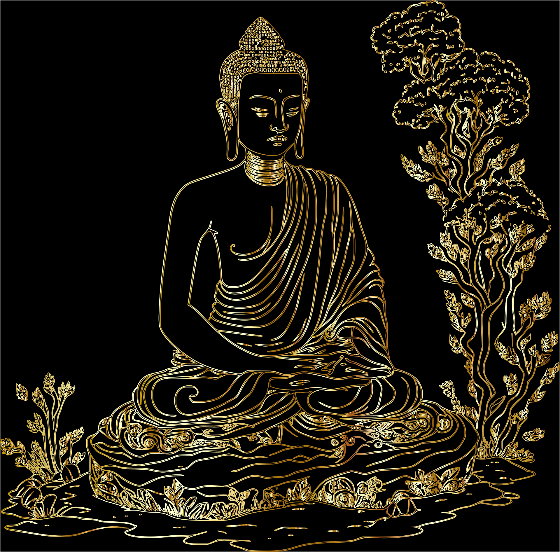 Gold line art depiction of a meditating Buddha statue in a seated lotus position next to a detailed tree on a black background.