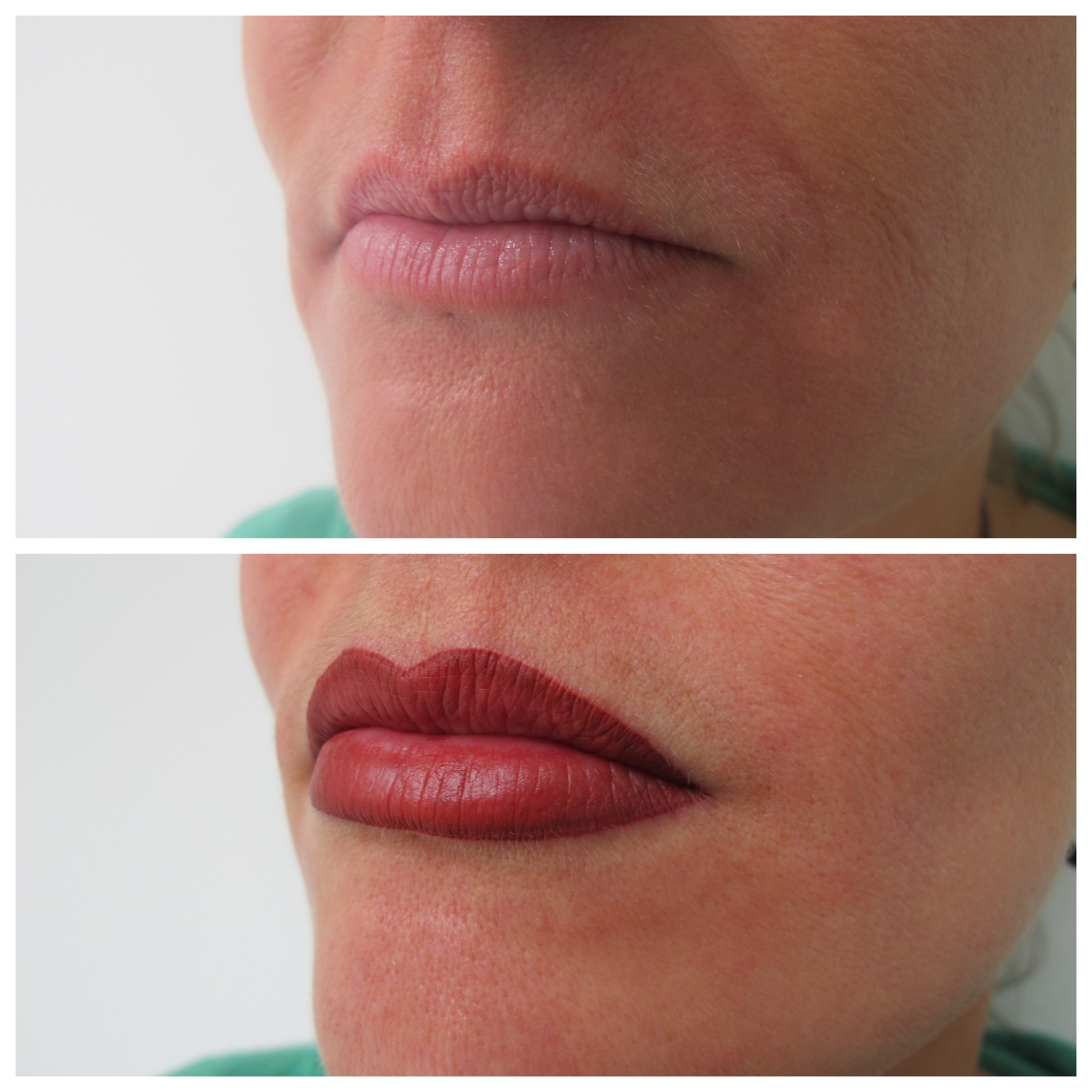 Immediately post-procedure — lip blush and liner combo. Pigment will lighten and settle over the healing period.
