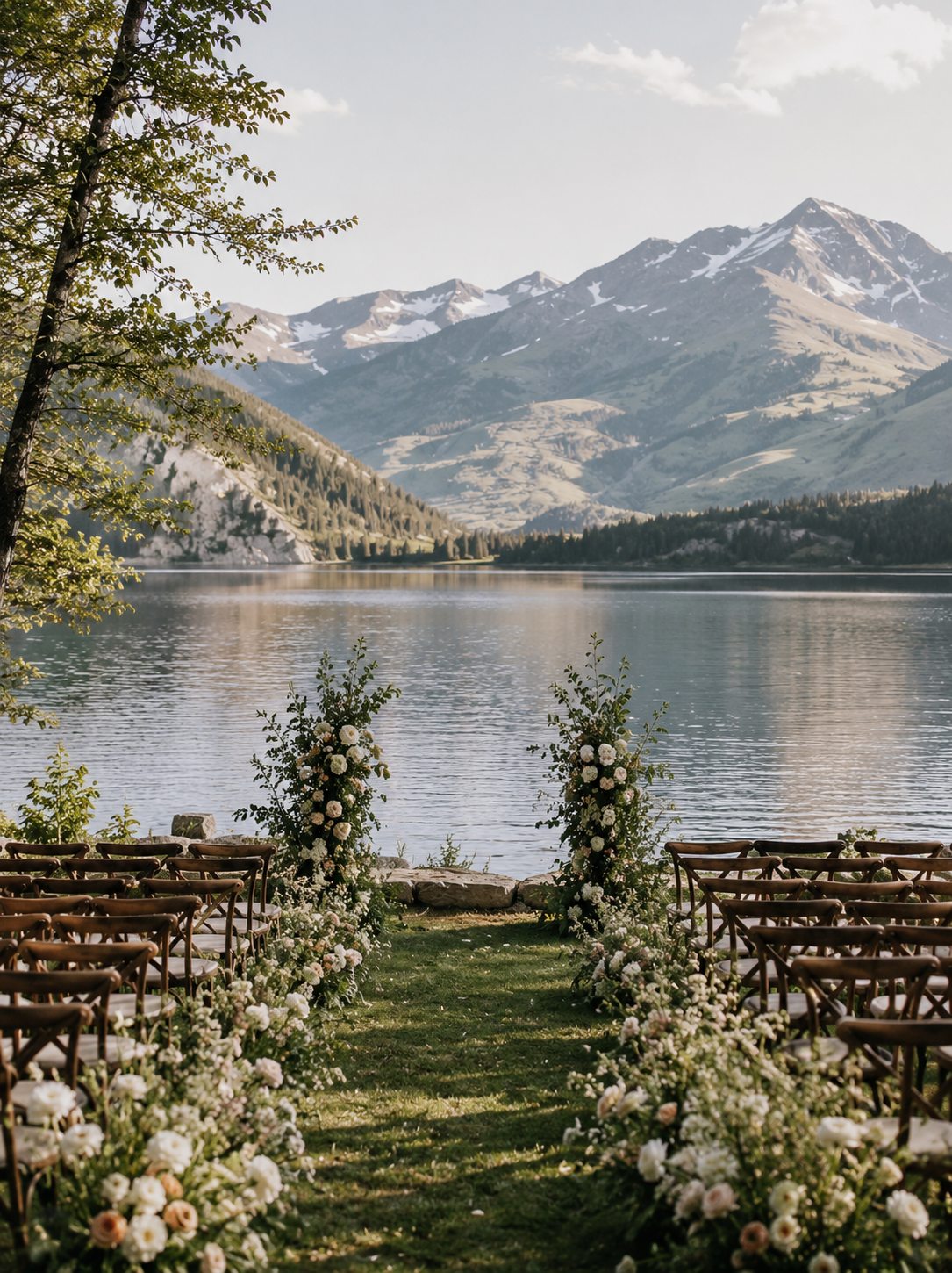 Wedding ceremony setup outdoors by a lake with mountains in the background. Wooden chairs and floral arrangements line a grassy aisle leading to the water.