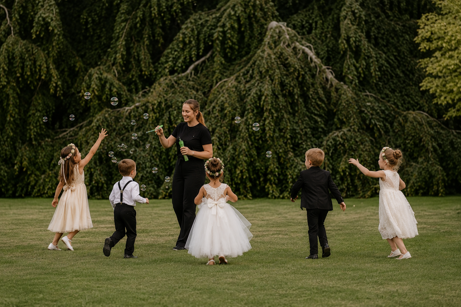 A woman and five children playing with bubbles on a grassy field, with trees in the background.