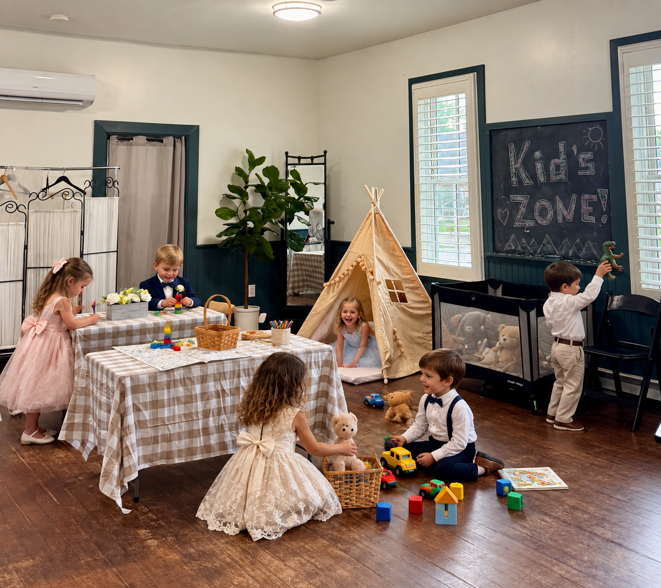 Children playing in a decorated indoor kids' zone with a tent, toys, and a table, celebrating a in the kids corner at a wedding venue with colorado wedding nannies