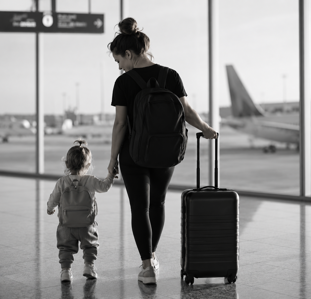 A woman and a young girl with backpacks walking through an airport terminal, holding hands, with a suitcase, as they approach the staircase leading to the runway. The scene is in black and white.