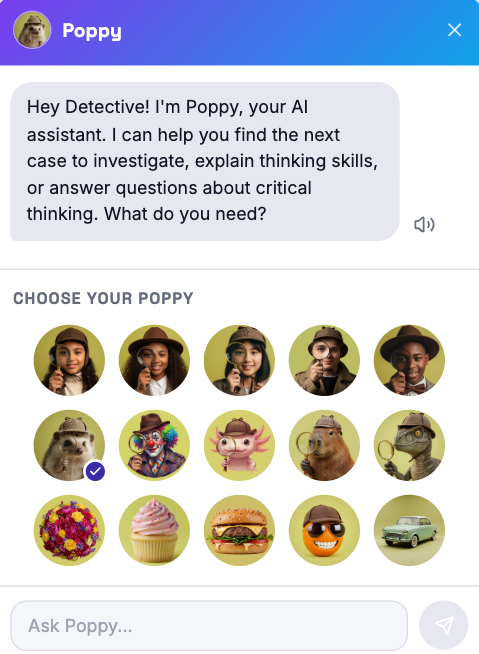 Screenshot of a chat with Poppy, an AI assistant, offering to help with investigations, thinking skills, or questions. Poppy's profile shows a selection of avatar options, with a checked avatar of a dog wearing glasses, and icons of various other avatars including animals, people, a flower bouquet, a cupcake, a burger, sunglasses, and a vintage car.