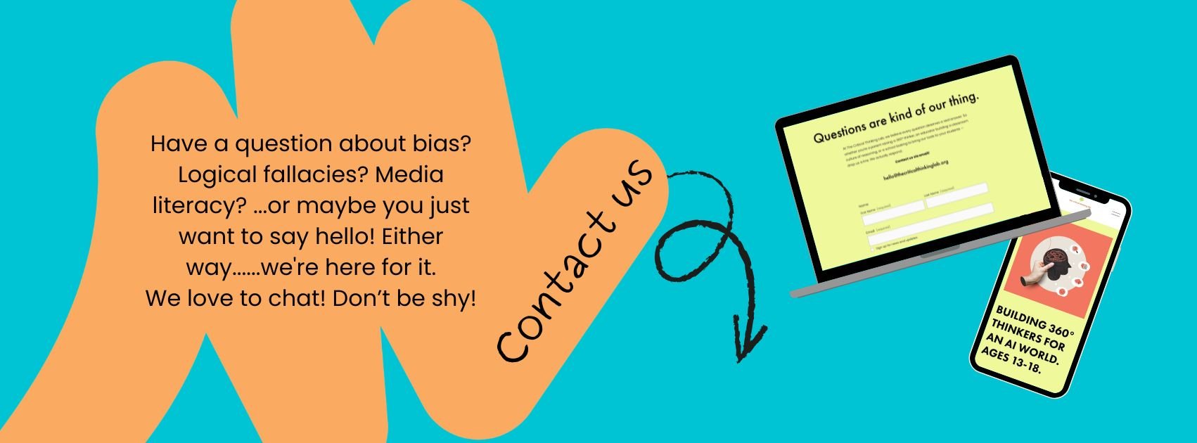 Graphic with orange speech bubbles on a blue background, showing a laptop and smartphone displaying The Critical Thinking Lab website.