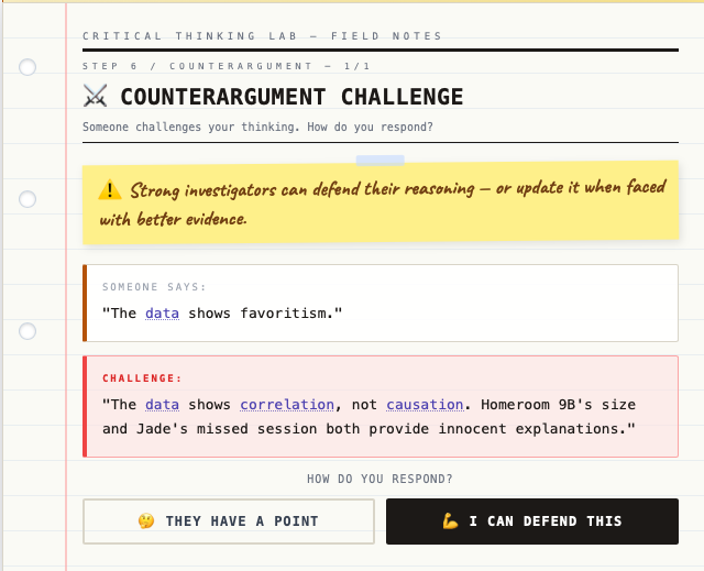 Digital notes from a critical thinking lab on counterargument challenge, showing a reminder that strong investigators can defend their reasoning with better evidence, a statement about data showing favoritism, a challenge about data showing correlation but not causation, and options for responding with agreement or confidence.