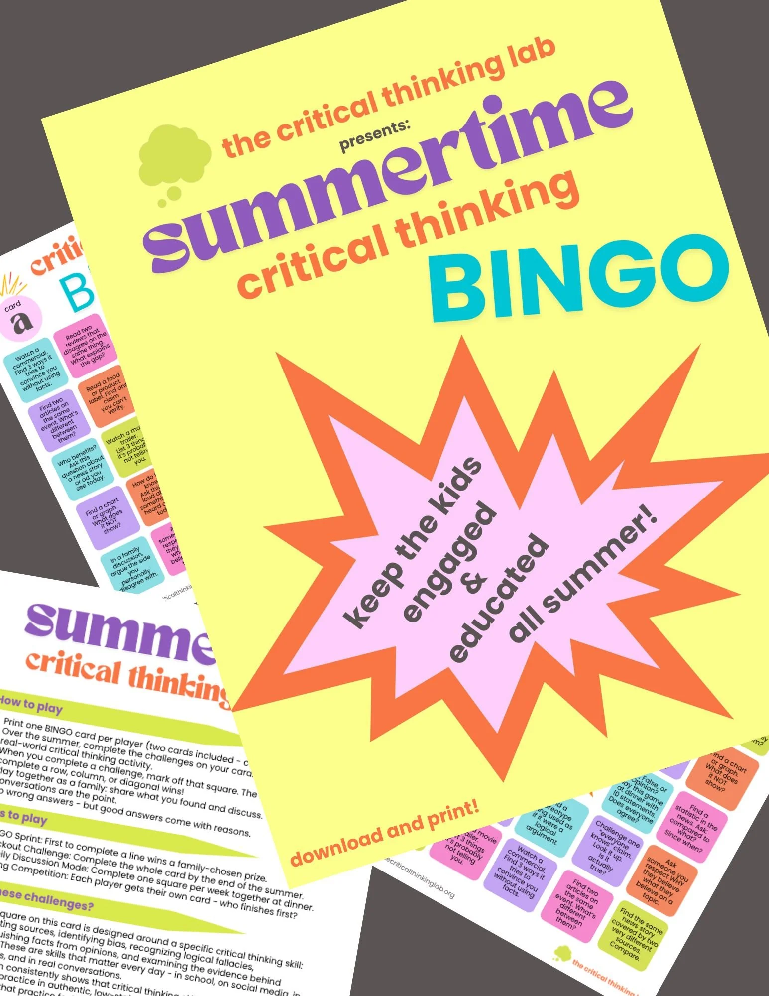Free printable critical thinking bingo game for kids with real-world challenge cards covering media literacy, bias, and logical fallacies.