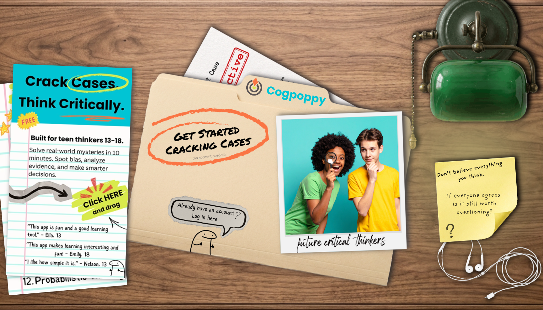 Screenshot of the Cogpoppy homepage, a free critical thinking app for teens ages 13–18.