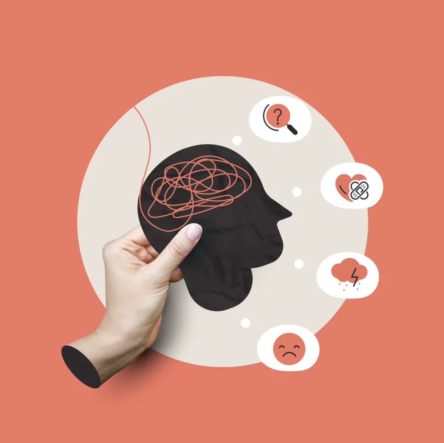 Hand holding a head silhouette with tangled thoughts surrounded by icons of confusion, stress, and emotional struggle — critical thinking for teens