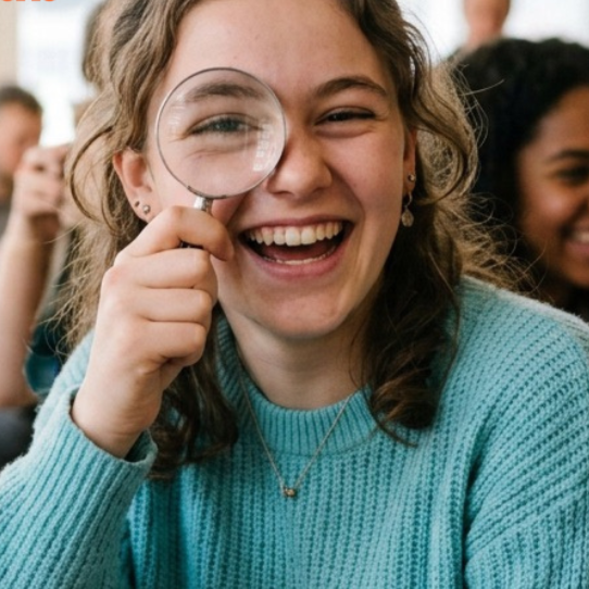 A young woman smiling and holding a magnifying glass to her eye, with other people in the background.