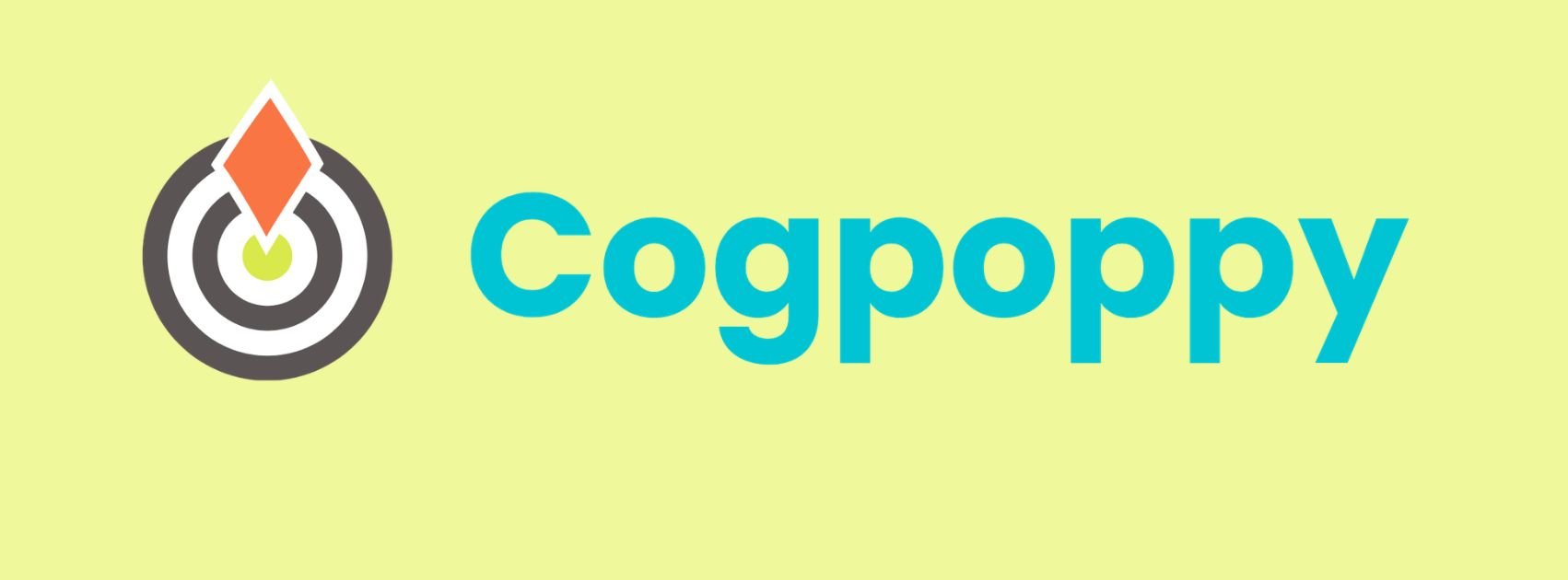 A photo of the Cogpoppy logo with a target and arrow icon next to the word 'Cogpoppy' in blue text on a light yellow background.