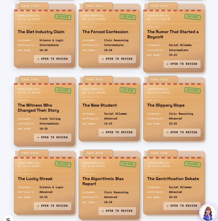 A collection of nine digital case files organized in a 3x3 grid, each labeled with a subject, category, difficulty level, and age range, all marked as 'solved' with a green stamp.