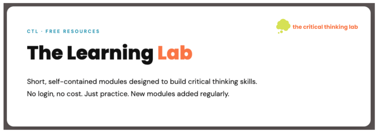 Screenshot of The Learning Lab webpage with a white background, black and orange text, and a small green icon labeled 'the critical thinking lab' in the upper right corner.
