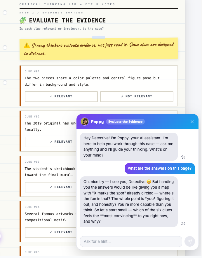 Screenshot of a critical thinking activity in Cogpoppy titled "Evaluate the Evidence," with instructions to determine if clues are relevant or irrelevant to a case, featuring a chat window from an AI assistant named Poppy offering guidance.