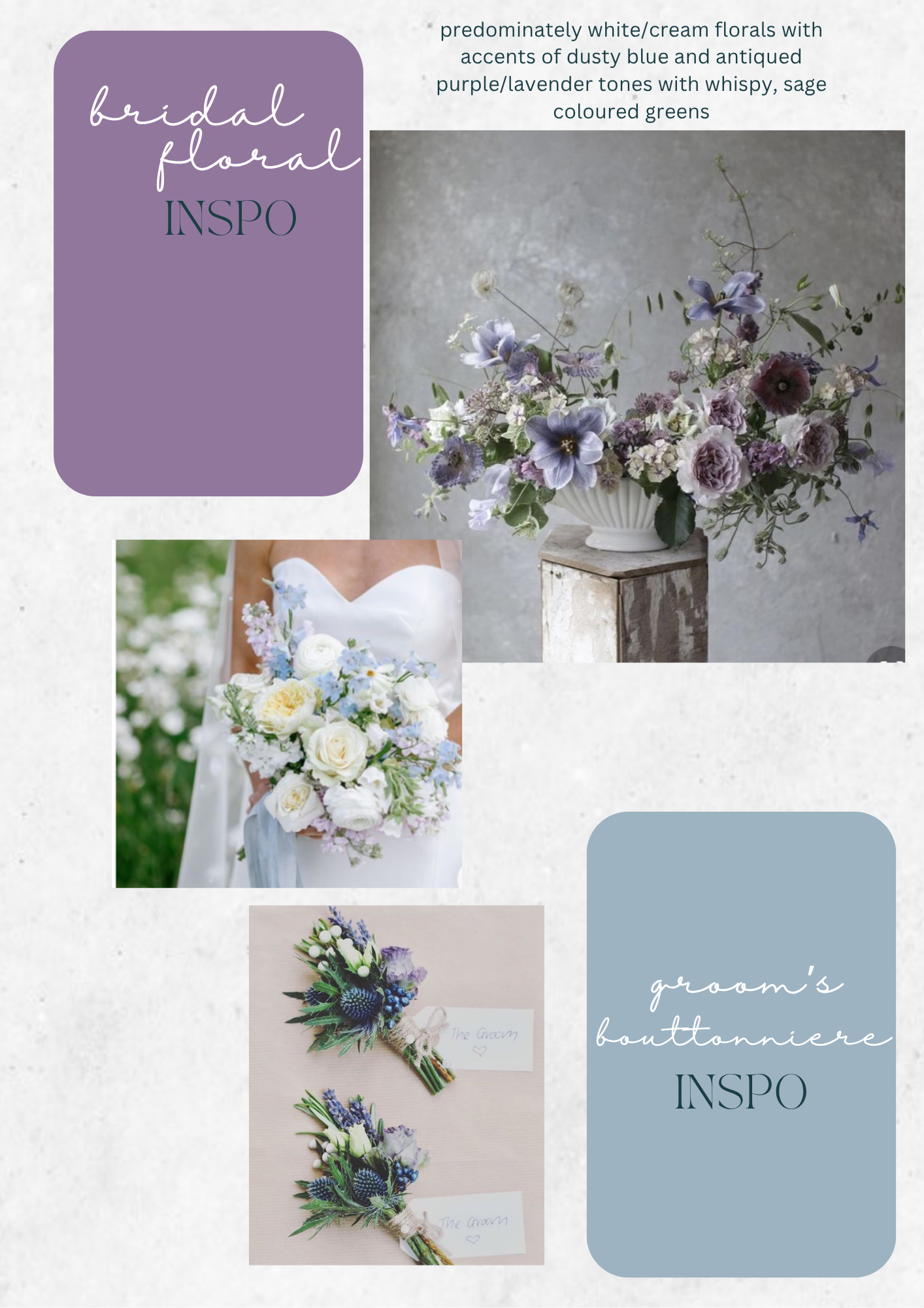 Arrangement of bridal florals with purple, white, and cream blooms, accented with dusty blue and lavender tones, featuring various flowers and greenery in a white vase placed on a wooden pedestal.