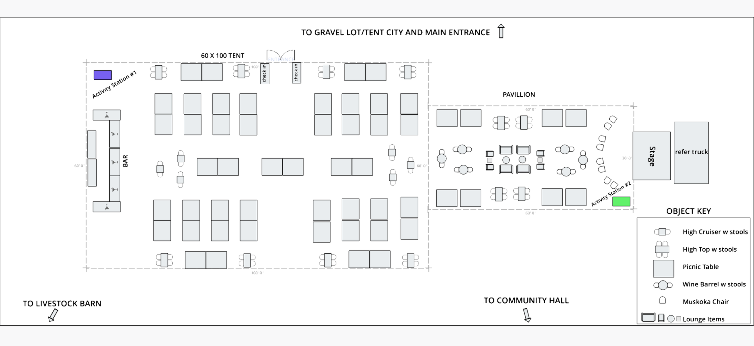 A detailed layout plan of an outdoor event space showing activity stations, picnic tables, stage, and various seating arrangements with labeled areas and object key for different furniture.