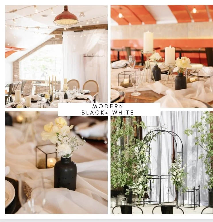 Collage of four images showing modern black and white wedding decor. The top left features a dining area with white tablecloths, candles, and string lights. The top right displays a table centerpiece with white candles, flowers, and black vases. The 