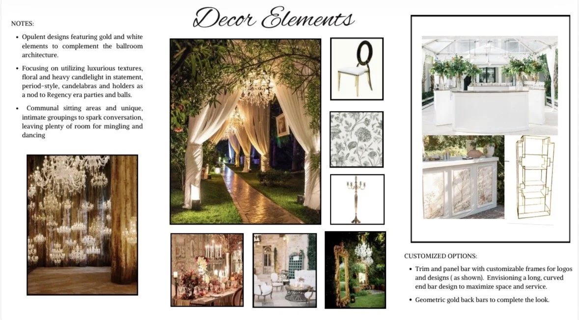 Design board showcasing decor elements such as chandeliers, elegant furniture, floral arrangements, and lighting for a luxurious event setting.