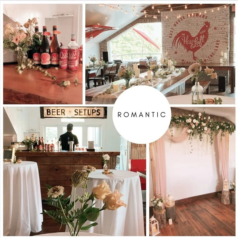 Decorated event space with floral arrangements, a bar area labeled 'Beer Setups', string lights, a large table with flowers and candles, a backdrop with pink curtains and flowers, and bottles of flavored soda on a wooden table.