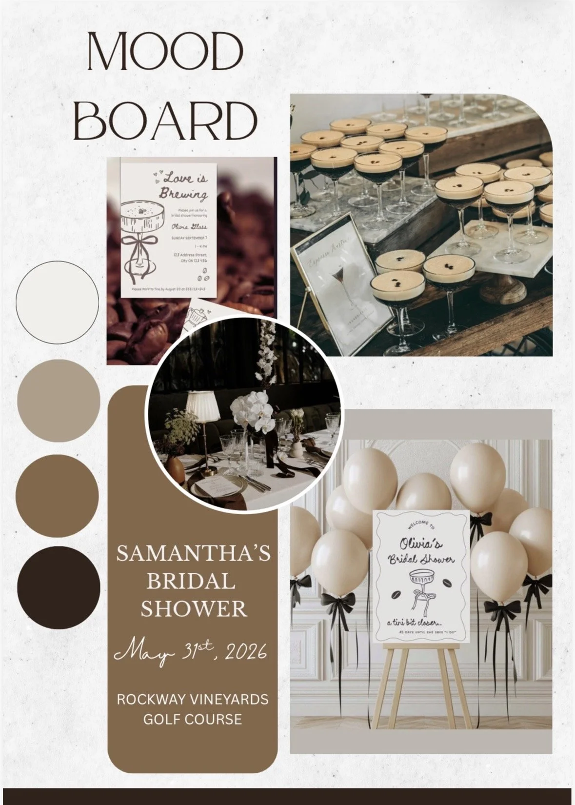 Mood board for Samanatha's bridal shower with photos of cocktails, table settings, balloons, and text indicating the event details, date, and location.