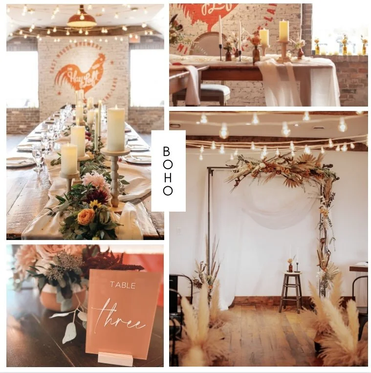 Decorated event space with a long dining table set with candles and floral arrangements, a backdrop with floral decor and string lights, and a sign indicating table three, suggesting a wedding or celebration.