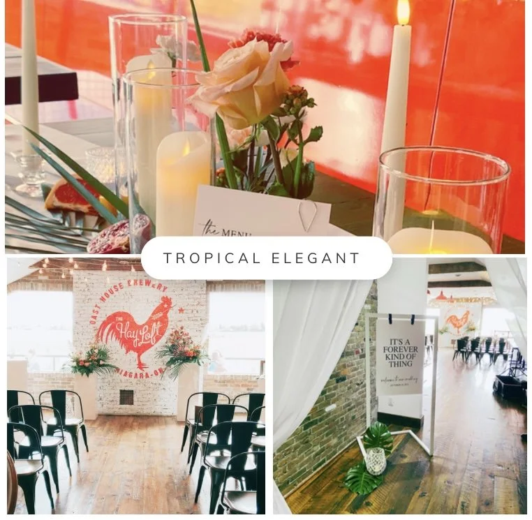 Decorative table setting with candles, flowers, and a menu. Interior of a venue with a brick wall, wooden floor, and promotional signs.