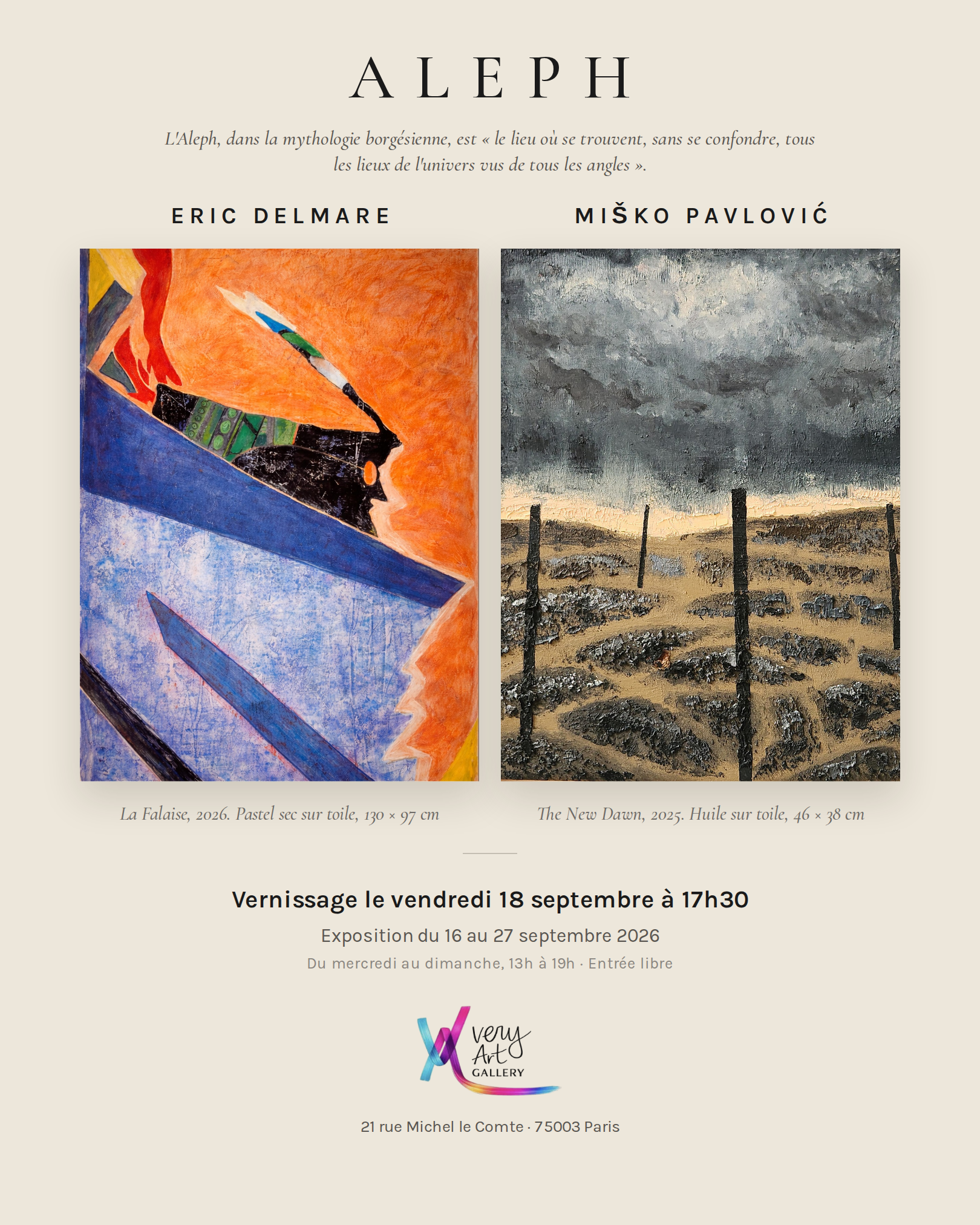 Affiche de l’exposition ALEPH : Eric Delmare et Miško Pavlović, Very Art Gallery, Paris, du 16 au 27 septembre 2026.