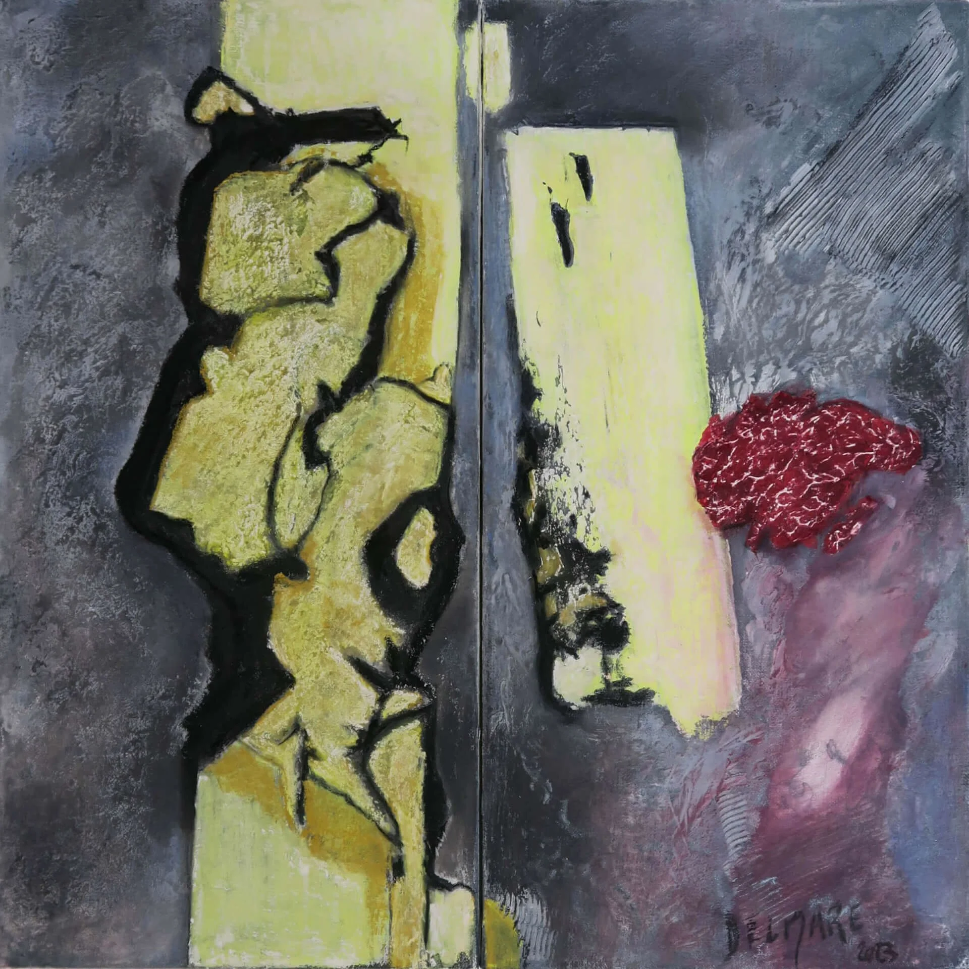 Côté rue, 2023. Pastel sec sur toile, 60 × 60 cm. Diptyque.