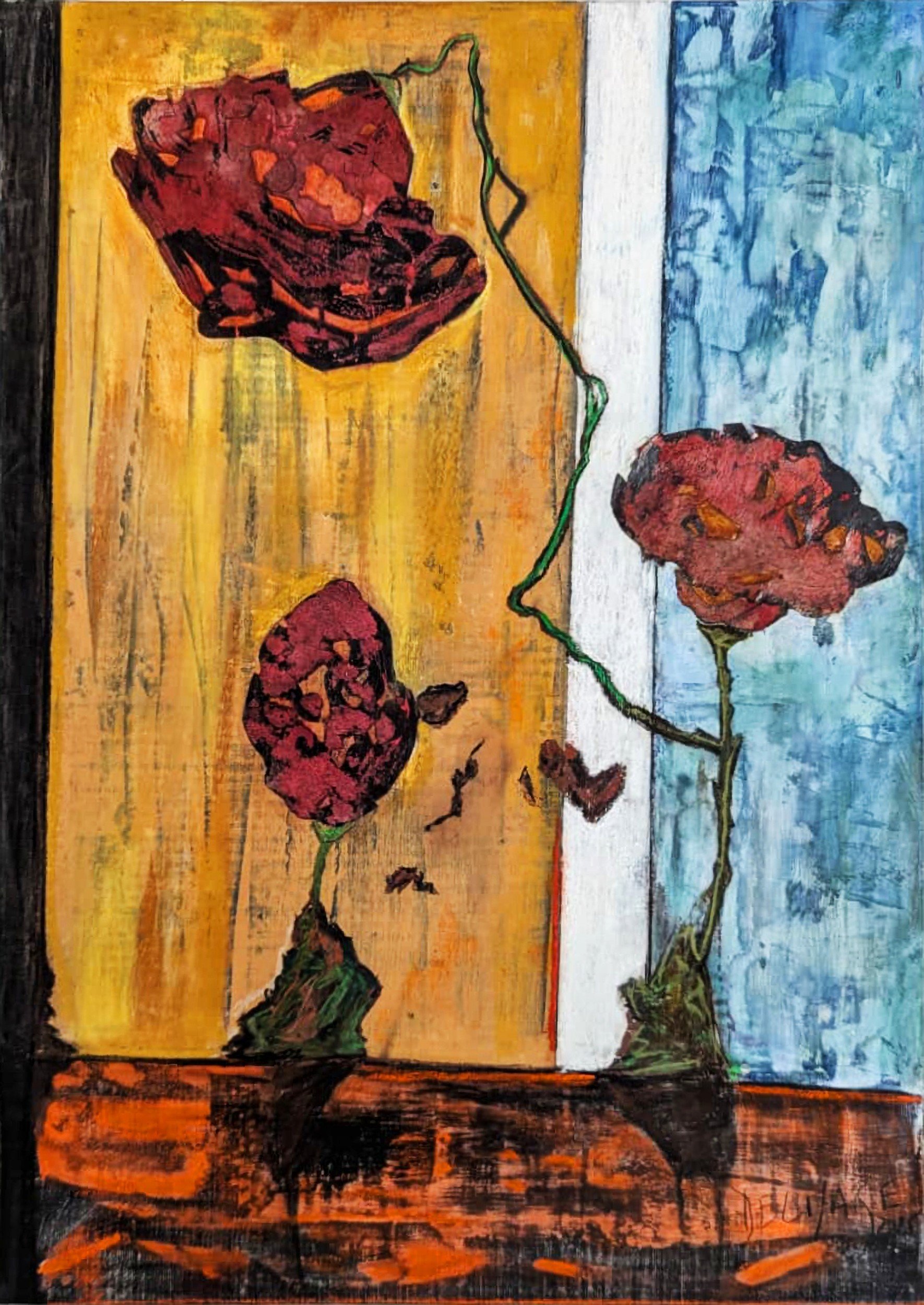 Bouquet de fleurs, 2025. Pastel sec sur toile et collage, 72 × 53 cm.
