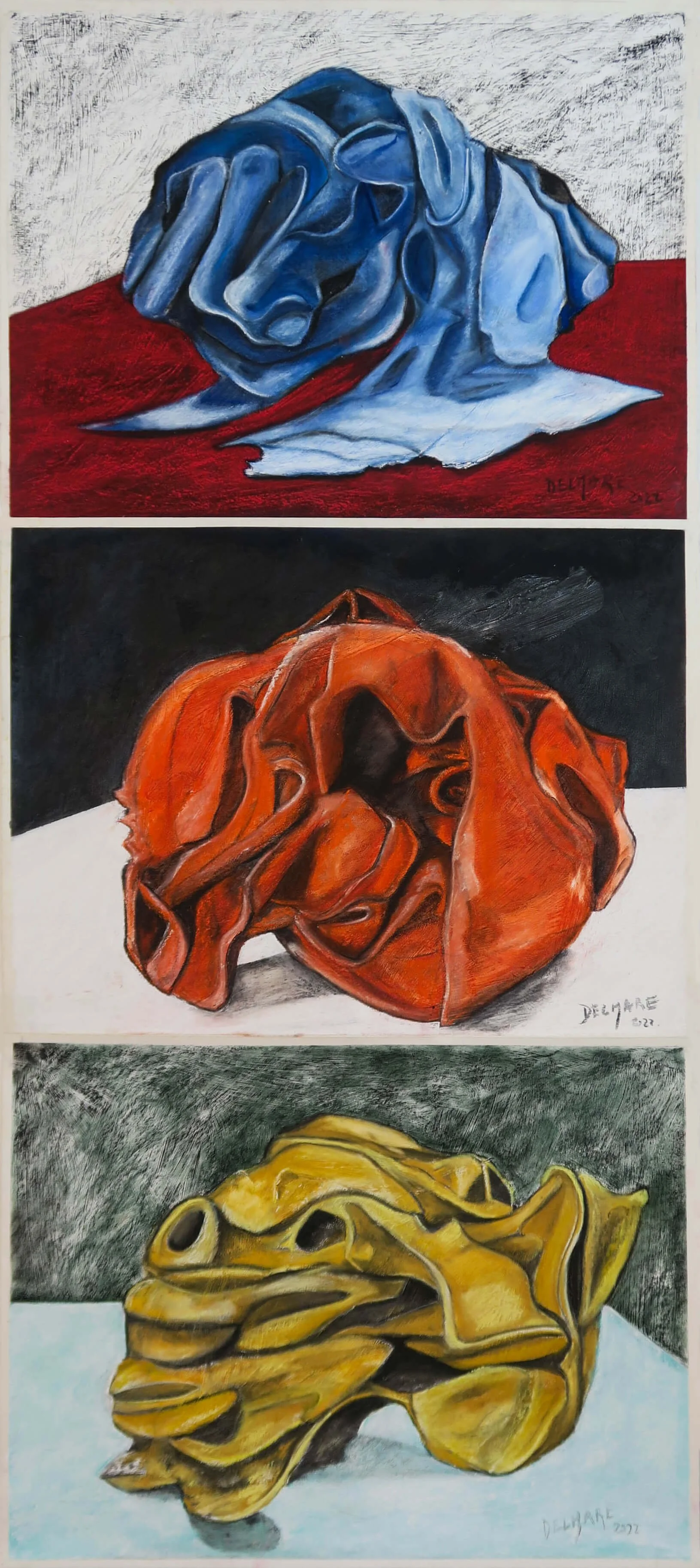 Mouchoirs. Pastel sec sur papier, 195 × 50 cm. Triptyque.