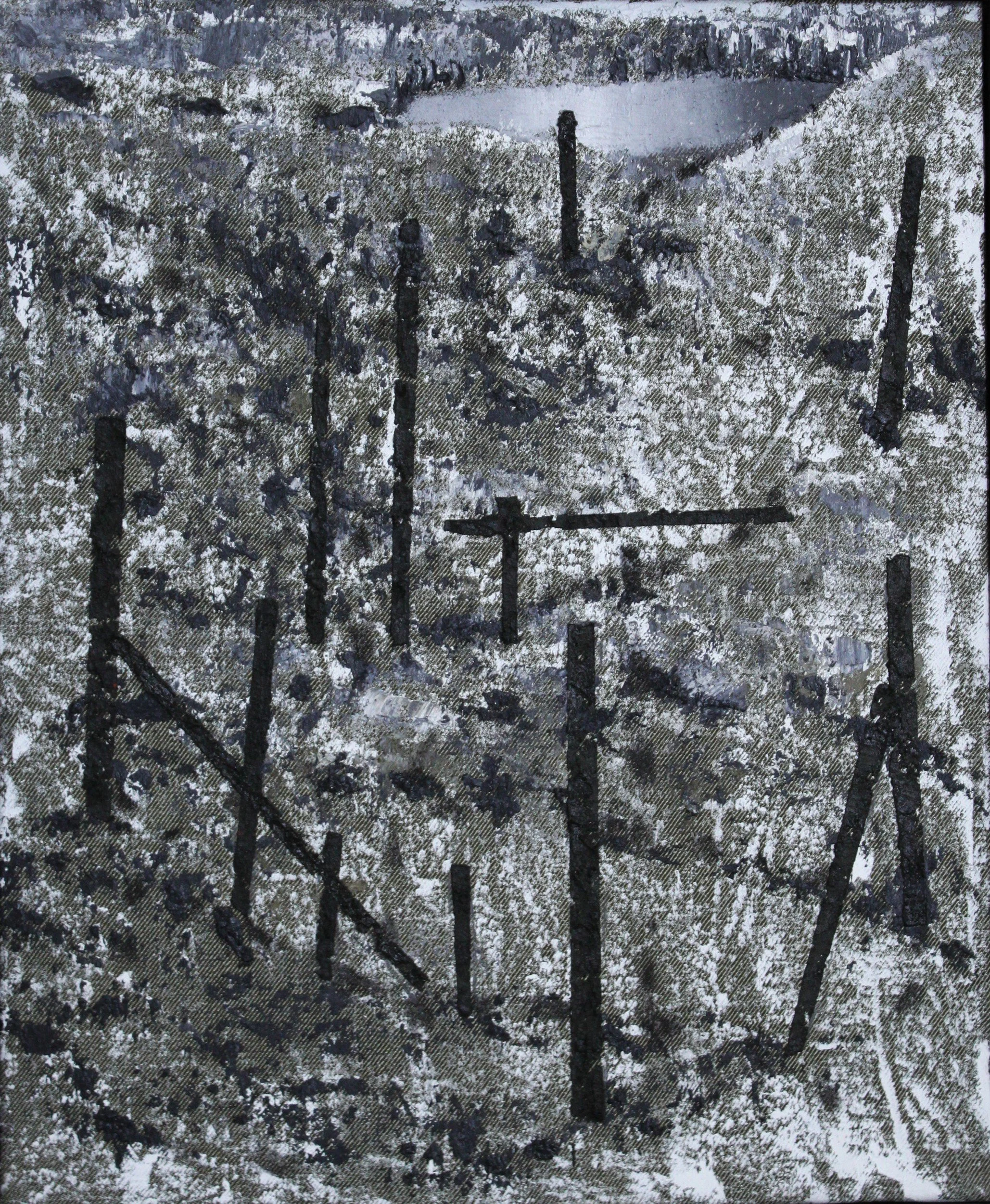 Remains of Wooden Pillars, 2022. Huile sur toile, 46 × 38 cm. Miško Pavlović