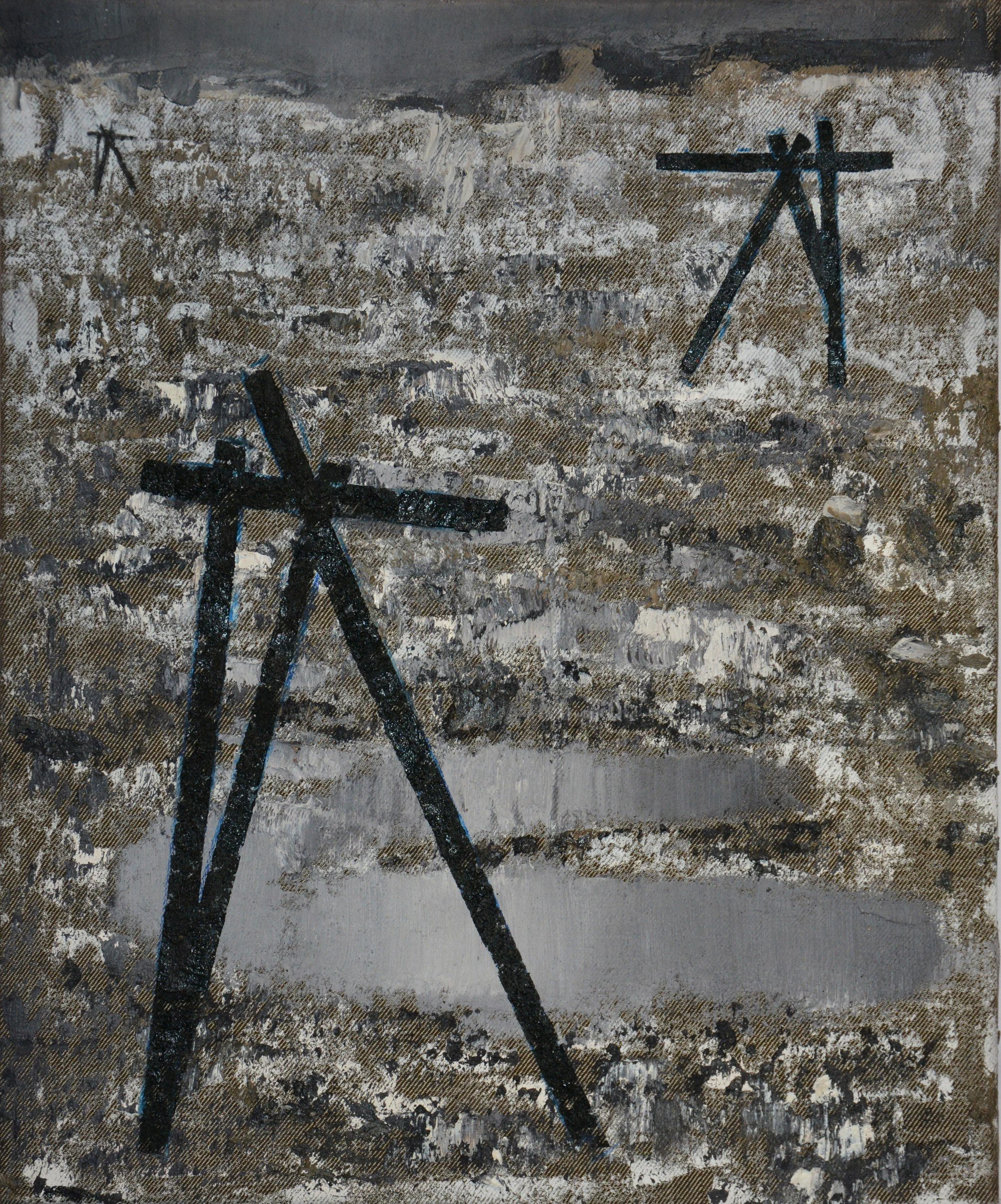 Les Grues, 2022. Huile sur toile, 46 × 38 cm. Miško Pavlović
