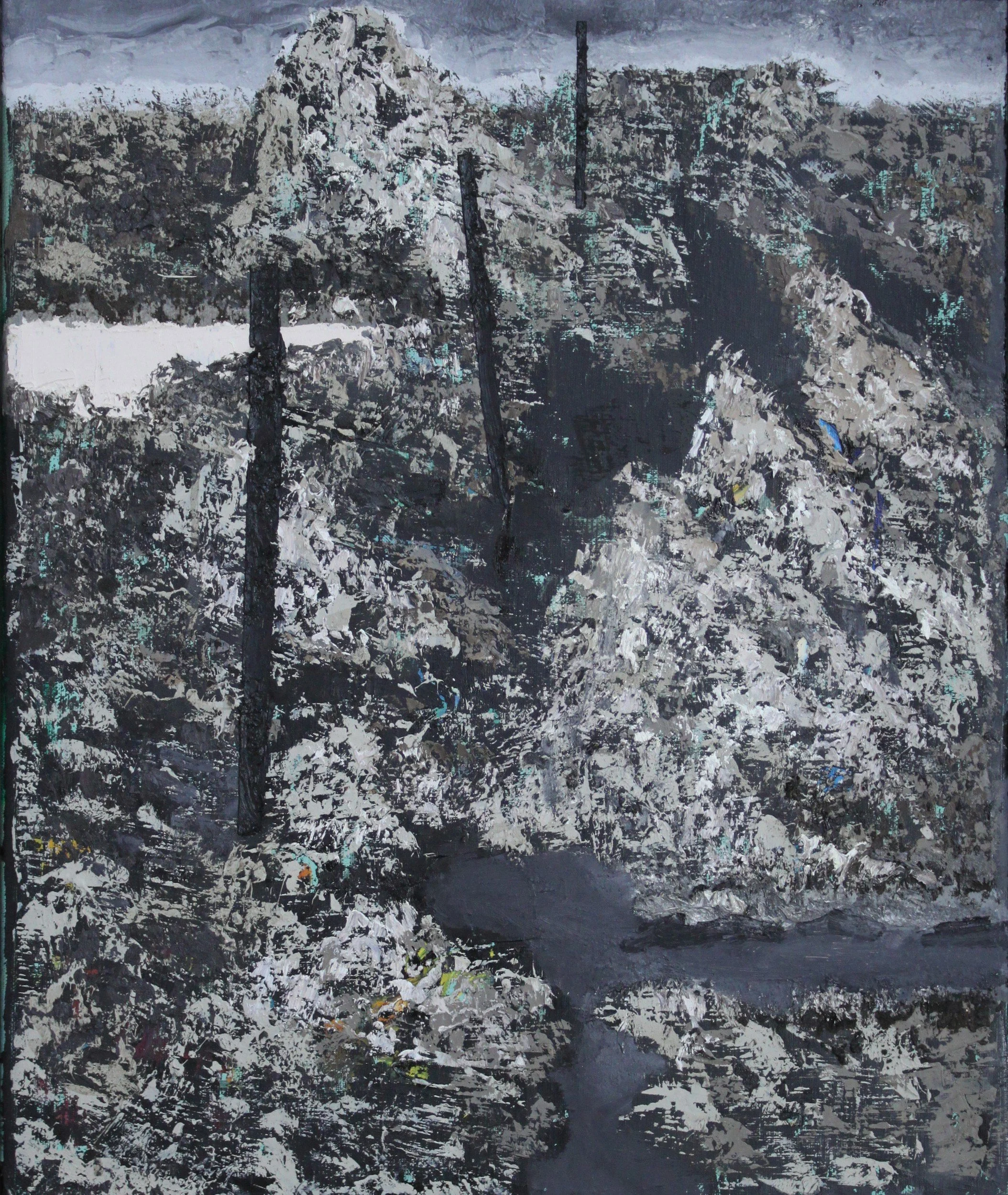 Rocks and Pillars, 2024. Huile sur toile, 46 × 38 cm. Miško Pavlović