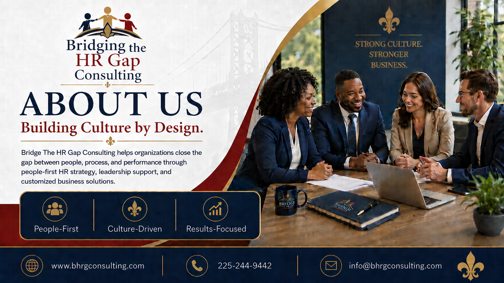 A promotional image for HR consulting services featuring a diverse group of four people in business attire sitting around a table, engaged in a discussion with laptops, notebooks, and a coffee mug. The text highlights the company's focus on building culture through people-first, culture-driven, and results-focused strategies. Background elements include a window with greenery and a blue wall with gold-colored text and symbols.