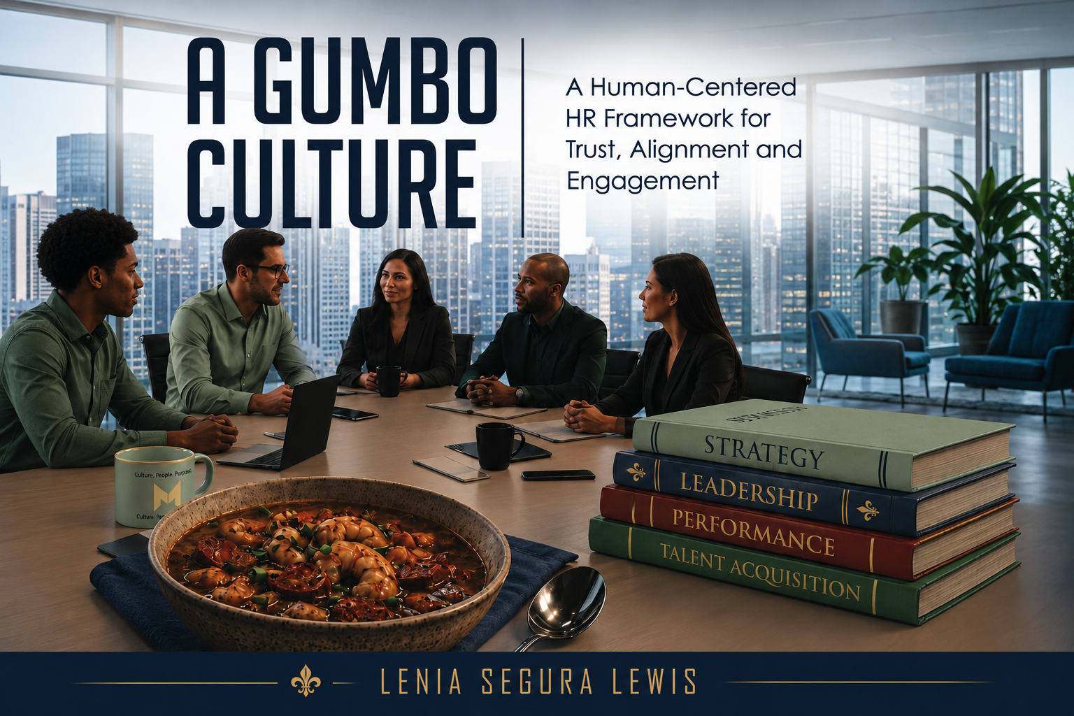 A Gumbo Culture" by Lenia Segura Lewis — a workplace culture book cover featuring a bowl of gumbo and a boardroom scene, representing the book's human-centered HR leadership framework.